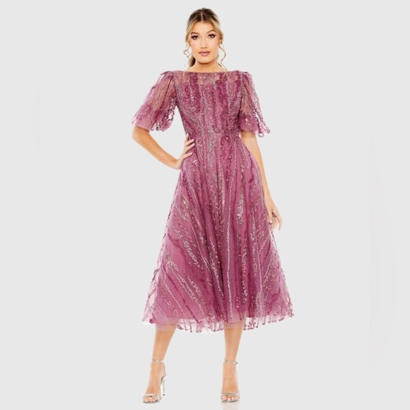 MAC DUGGAL 20485 NWT High Neck Puff Sleeve Embellished A Line Dress